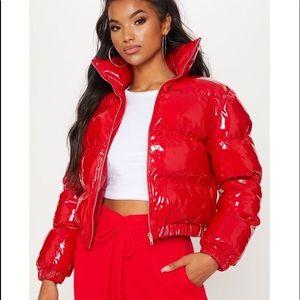 bright red vinly puffer jacket never worn tag fell off at the dry cleaners
